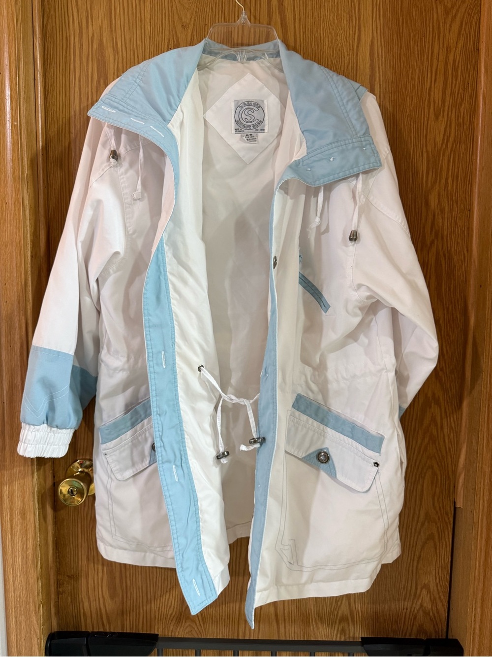 Women's White and Light Blue Trench Coat with Drawstring Waist